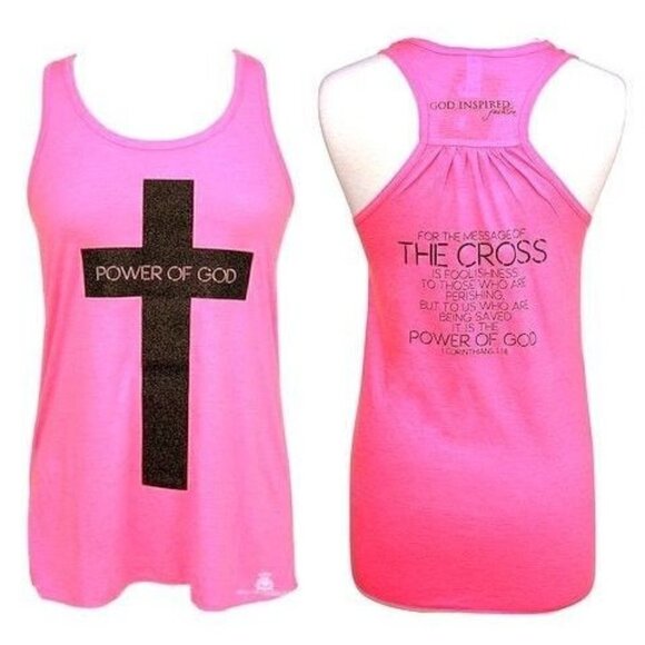 Womens Bella Pink Black Glitter Cross Power of God 1 Corinthians 1:18 Tank Top M - Picture 1 of 5
